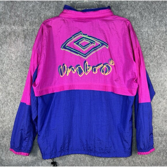 Vintage Umbro Pink Blue Windbreaker Hooded Jacket 90s Spellout Large - Picture 1 of 13